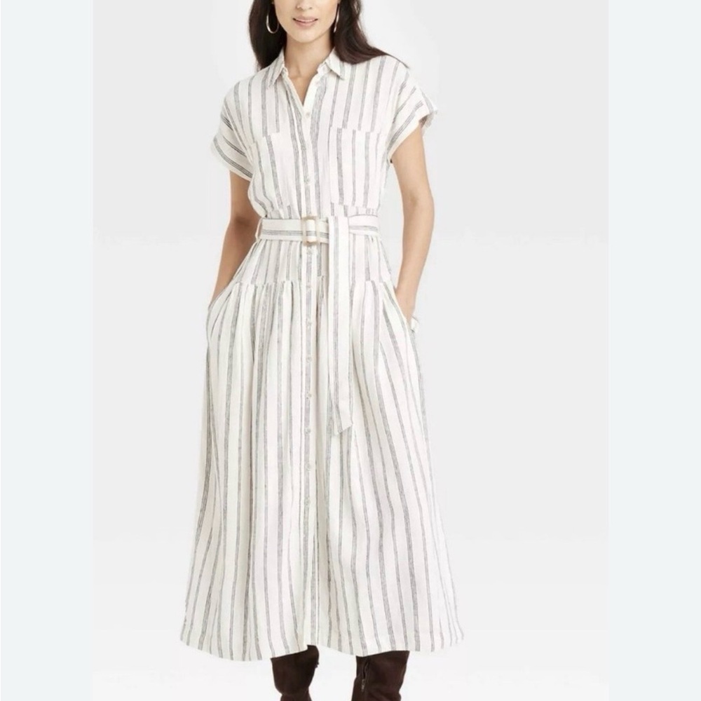 Universal Thread White and Gray Striped Maxi Shirt Dress